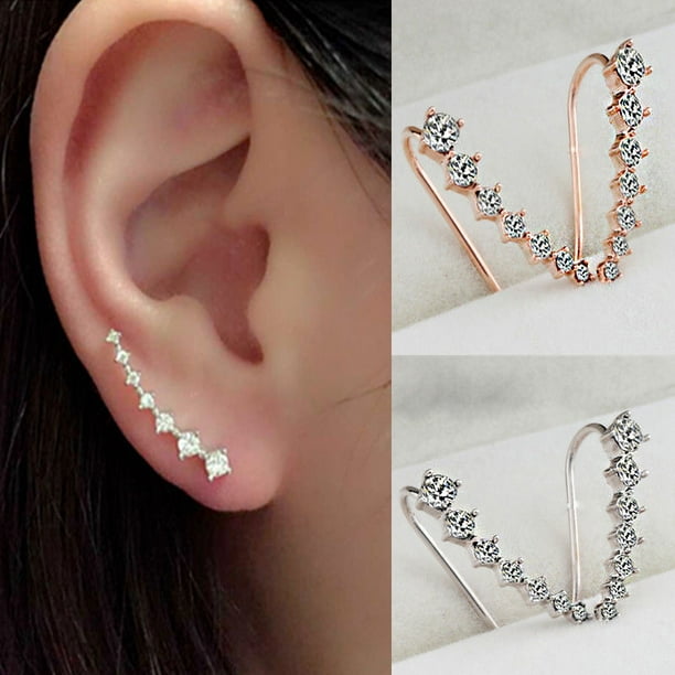14K Rose Gold Over Sterling Silver Round White Cubic Zirconia Modern Ear Climbers Stud Earrings 